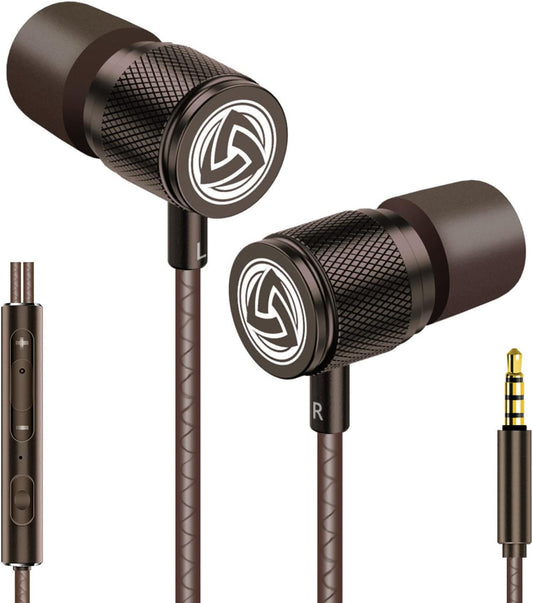 Ultra Wired Earbuds In-Ear Headphones, 5 Years Warranty, Earphones with Microphone, Noise Isolating Ear Buds, Memory Foam for Iphone, Samsung, School Students, Kids, Women, Small Ears - Brown
